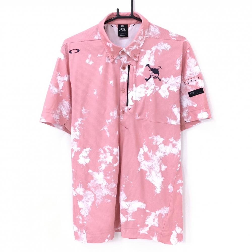 【超美品】オークリー 半袖ポロシャツ ピンク×白 総柄 ティー装着可 ロゴ刺しゅう メンズ 2XL ゴルフウェア 大きいサイズ Oakley