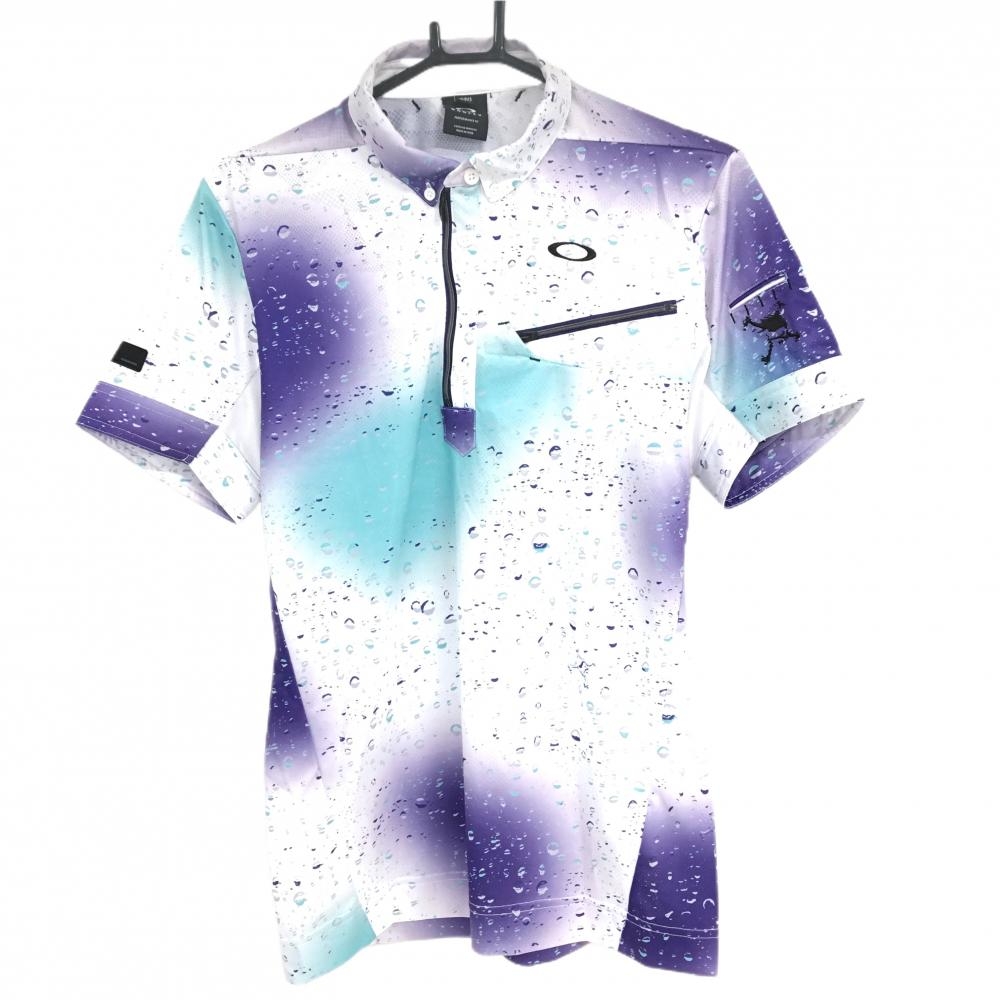 【美品】オークリー 半袖ポロシャツ 白×パープル 総柄 ハーフジップ メンズ M ゴルフウェア Oakley