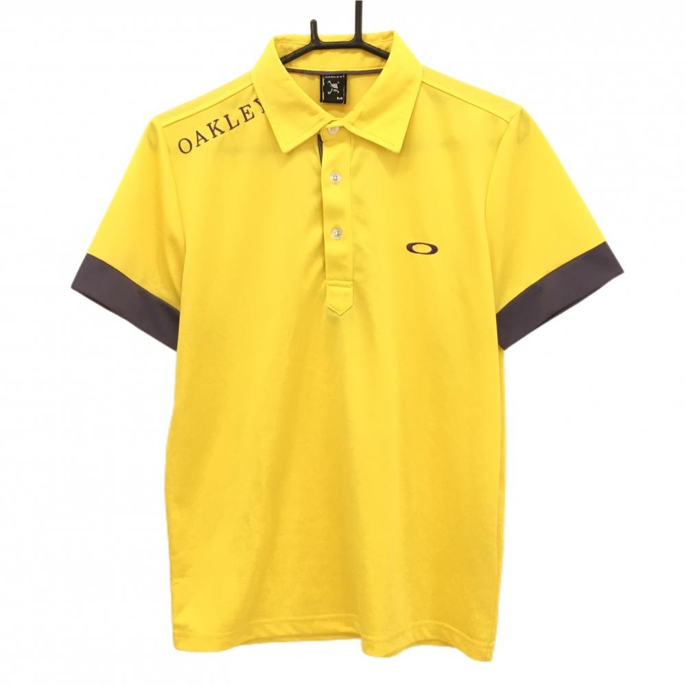 【美品】オークリー 半袖ポロシャツ イエロー×パープル 肩ロゴ刺しゅう  メンズ M ゴルフウェア Oakley