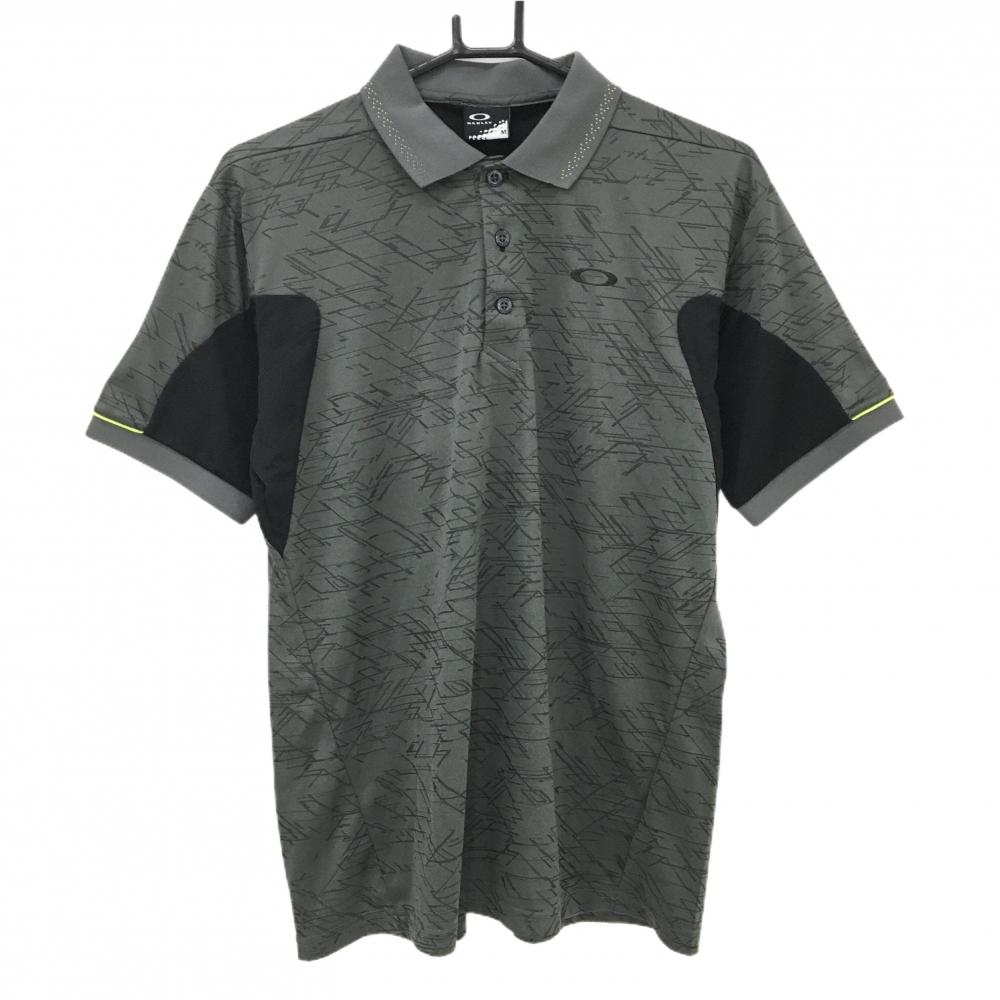 【超美品】オークリー 半袖ポロシャツ グレー×黒 総柄透かし模様 袖下切替 メンズ M ゴルフウェア Oakley