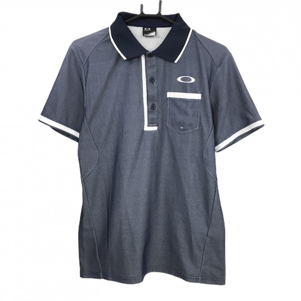 オークリー 半袖ポロシャツ 杢ネイビー 胸ポケット 背面ビッグロゴ  メンズ L ゴルフウェア Oakley
