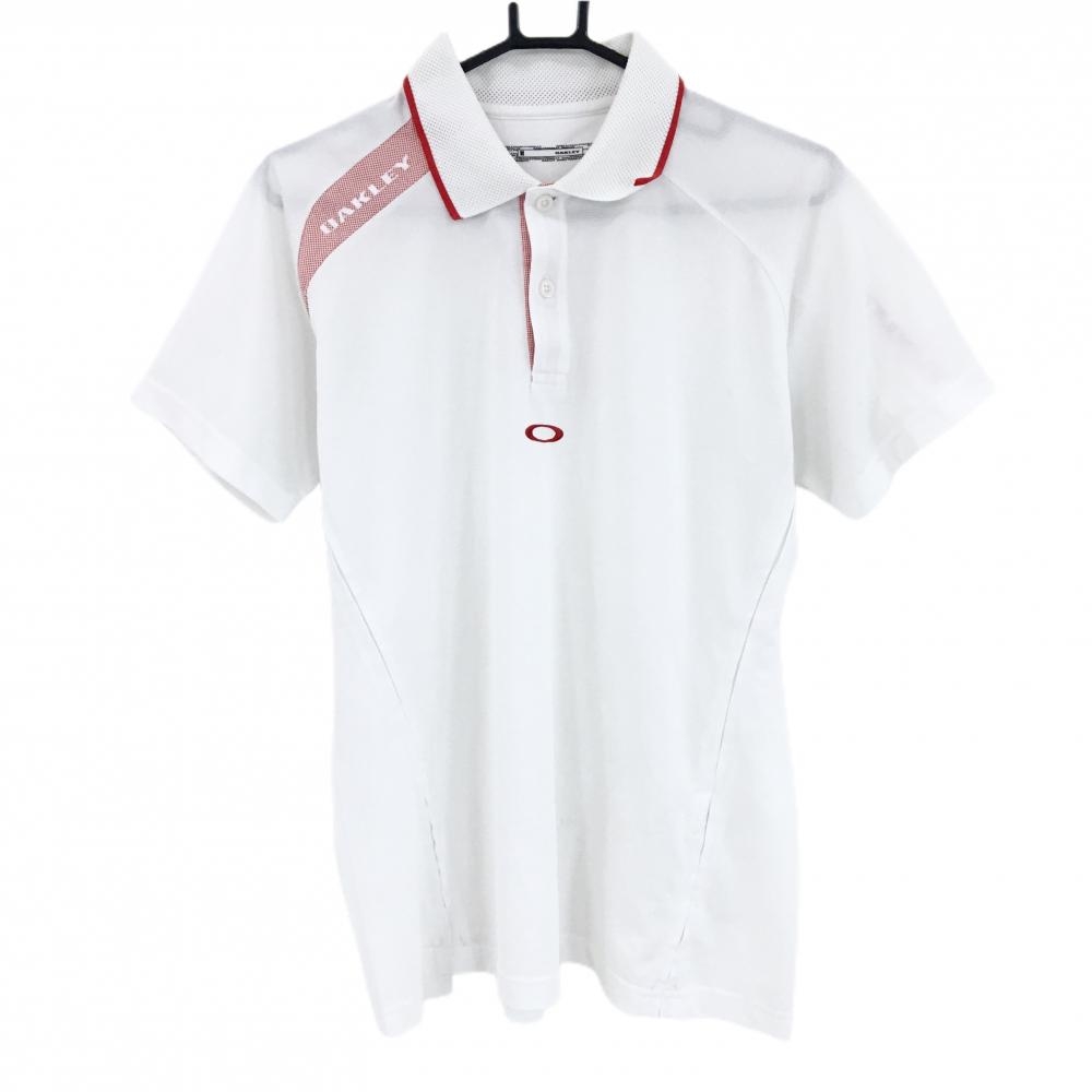 オークリー 半袖ポロシャツ 白×レッド 一部メッシュ ロゴ刺しゅう メンズ M ゴルフウェア Oakley
