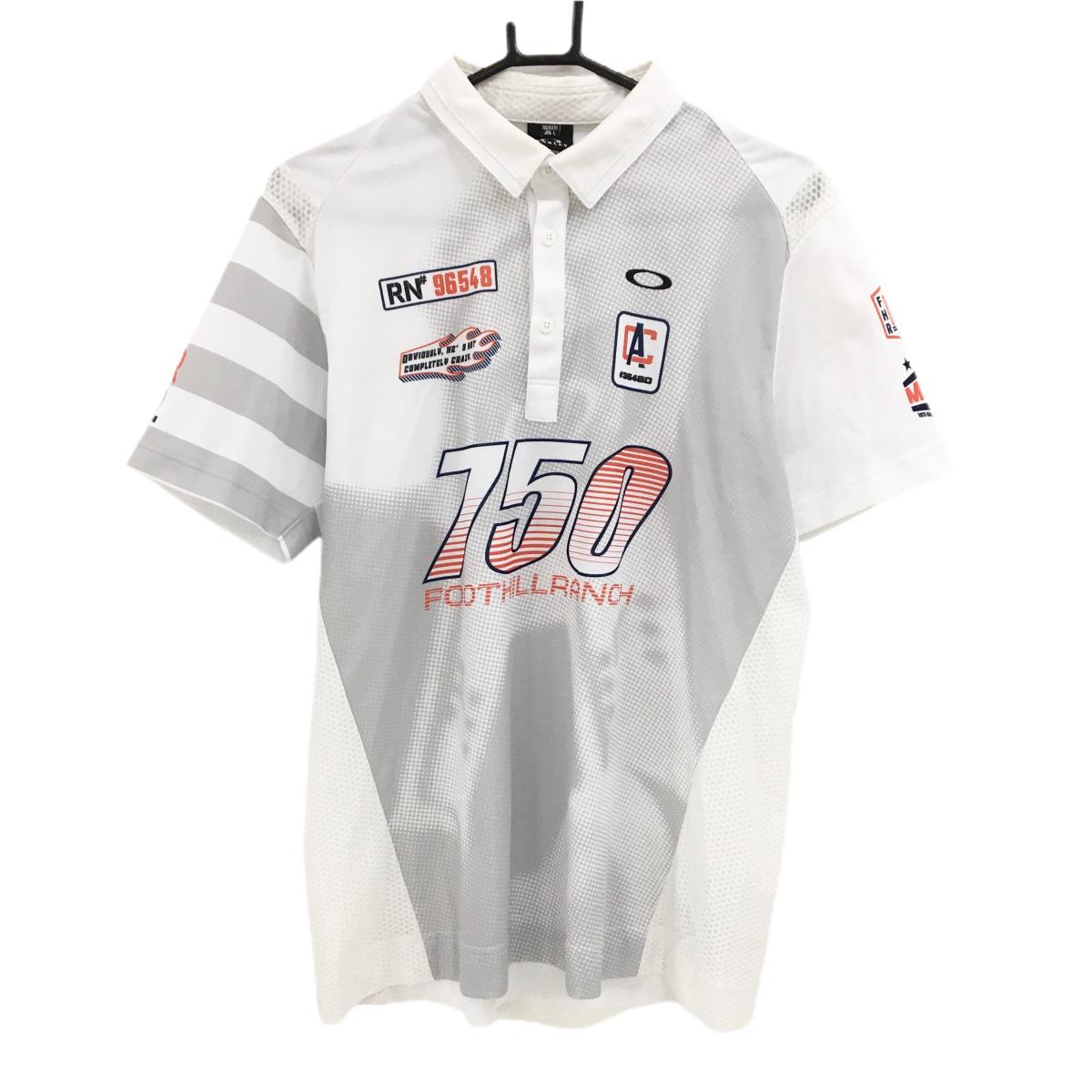 オークリー 半袖ポロシャツ 白×グレー 前身頃総柄 サイドメッシュ調 メンズ L ゴルフウェア Oakley