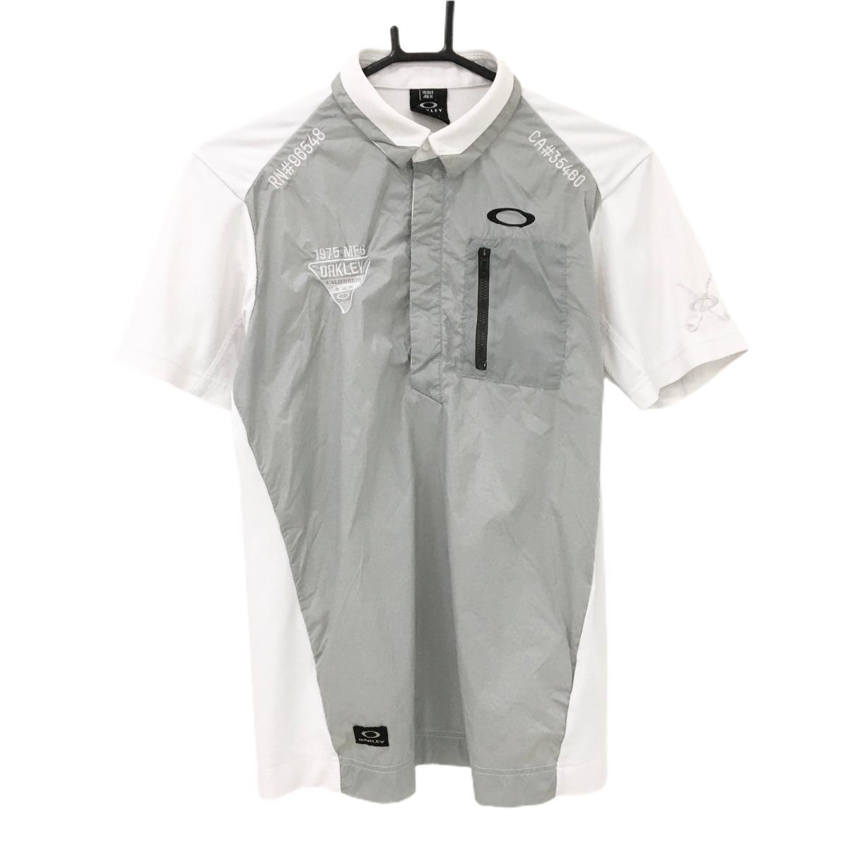 オークリー 半袖ポロシャツ 白×ライトグレー 切替 一部メッシュ裏地 スナップボタン メンズ M ゴルフウェア Oakley