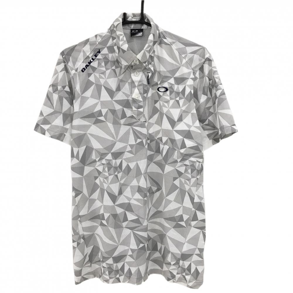 【超美品】オークリー 半袖ポロシャツ 白×グレー 総柄 ボタンダウン 薄手 メンズ L ゴルフウェア Oakley