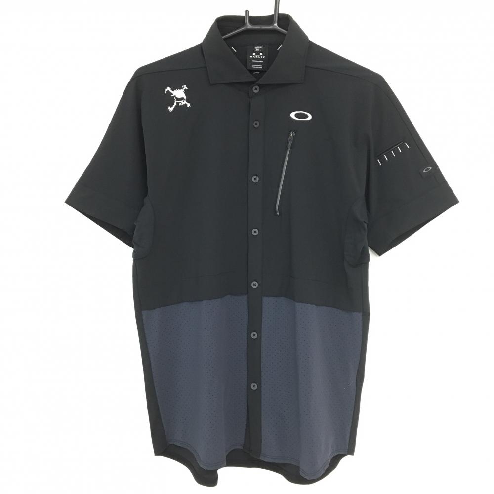 【超美品】オークリー 半袖ポロシャツ 黒×ネイビー 下部メッシュ調 ロゴ白 メンズ L ゴルフウェア Oakley