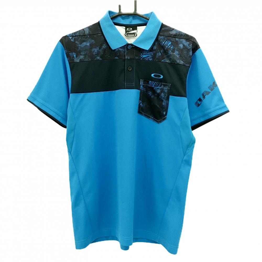 【美品】オークリー 半袖ポロシャツ ブルー×ネイビー 肩総柄 胸ポケット メンズ M ゴルフウェア Oakley