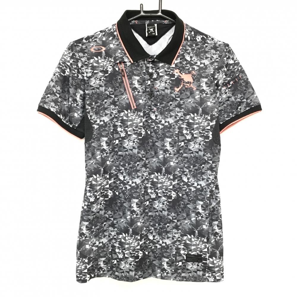 【美品】オークリー 半袖ポロシャツ 黒×グレー系 総柄地模様 ロゴ刺しゅう メンズ M ゴルフウェア Oakley