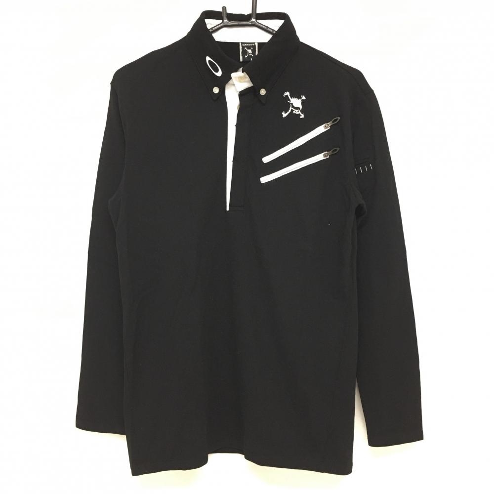 【超美品】オークリー 長袖ポロシャツ 黒×白 ボタンダウン ティー装着可 メンズ L ゴルフウェア Oakley 画像