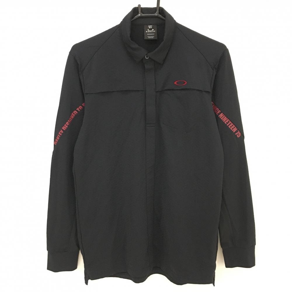 【超美品】オークリー 長袖ポロシャツ 黒 ロゴレッド 織生地  メンズ M ゴルフウェア Oakley