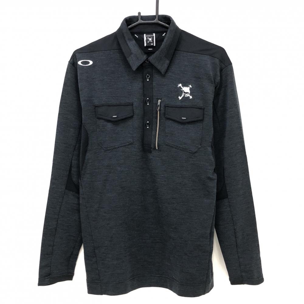 【美品】オークリー 長袖ポロシャツ 黒×白 ロゴ刺しゅう 胸ポケット ウール混  メンズ M ゴルフウェア Oakley