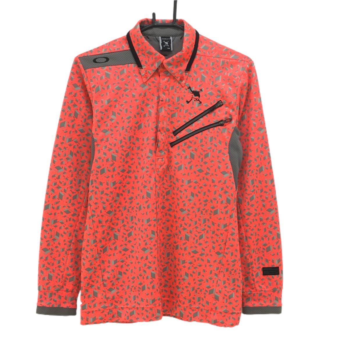 【美品】オークリー 長袖ポロシャツ レッド系×グレー 総柄 袖下・背面一部メッシュ ロゴ刺しゅう  メンズ M ゴルフウェア Oakley