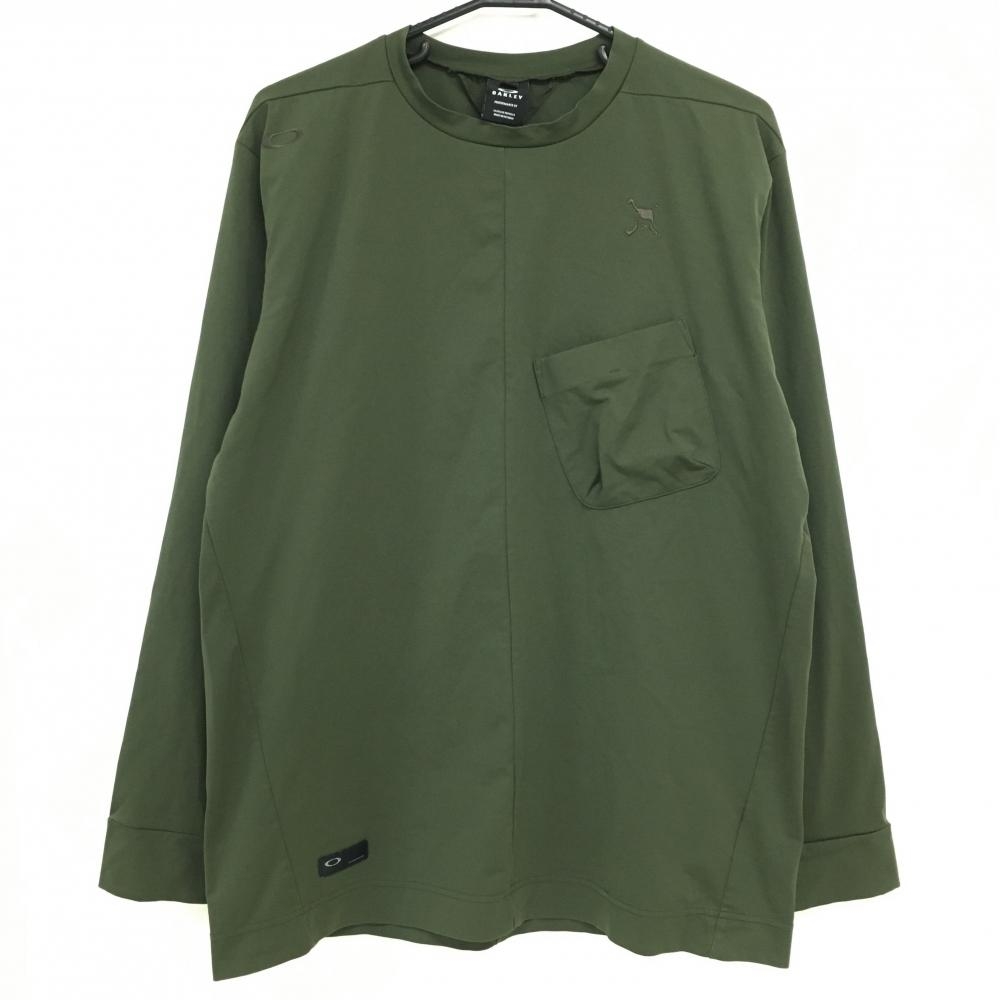 【超美品】オークリー 長袖Ｔシャツ ダークグリーン 胸ポケット ロンT メンズ XL ゴルフウェア Oakley