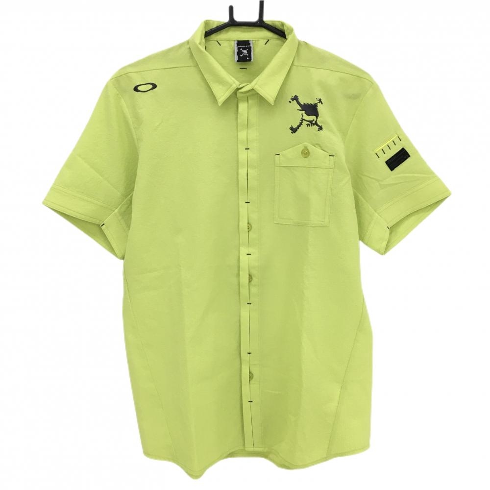 【超美品】オークリー 半袖シャツ ライムイエロー×ダークグレー ティー装着可 胸ポケット  メンズ L ゴルフウェア Oakley