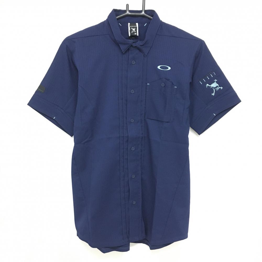 【新品】オークリー 半袖シャツ ネイビー 地模様 ティー装着可 吸汗速乾  メンズ M ゴルフウェア Oakley