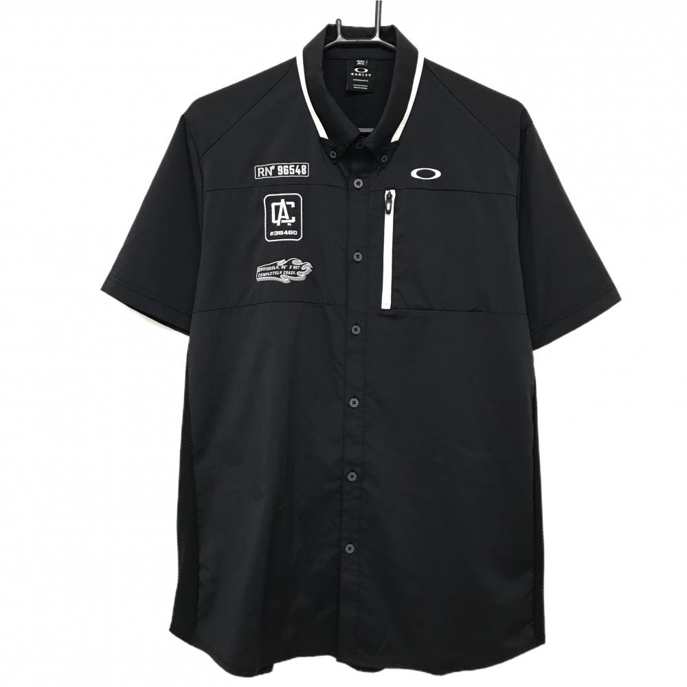 【美品】オークリー 半袖シャツ 黒×白 ロゴ刺しゅう サイドメッシュ ボタンダウン メンズ XL ゴルフウェア Oakley