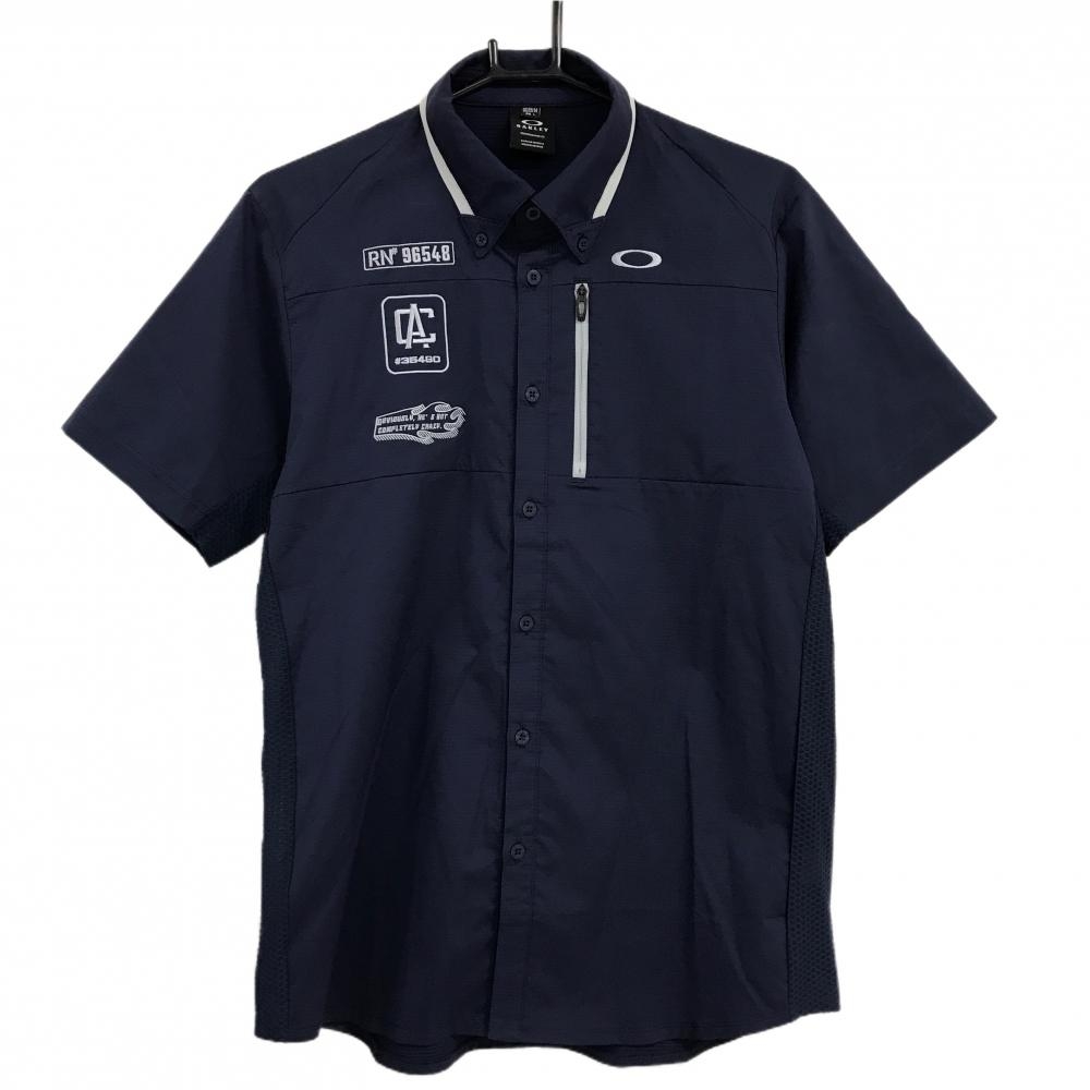 オークリー 半袖シャツ ネイビー×ライトグレー ロゴ刺しゅう ボタンダウン メンズ L ゴルフウェア Oakley
