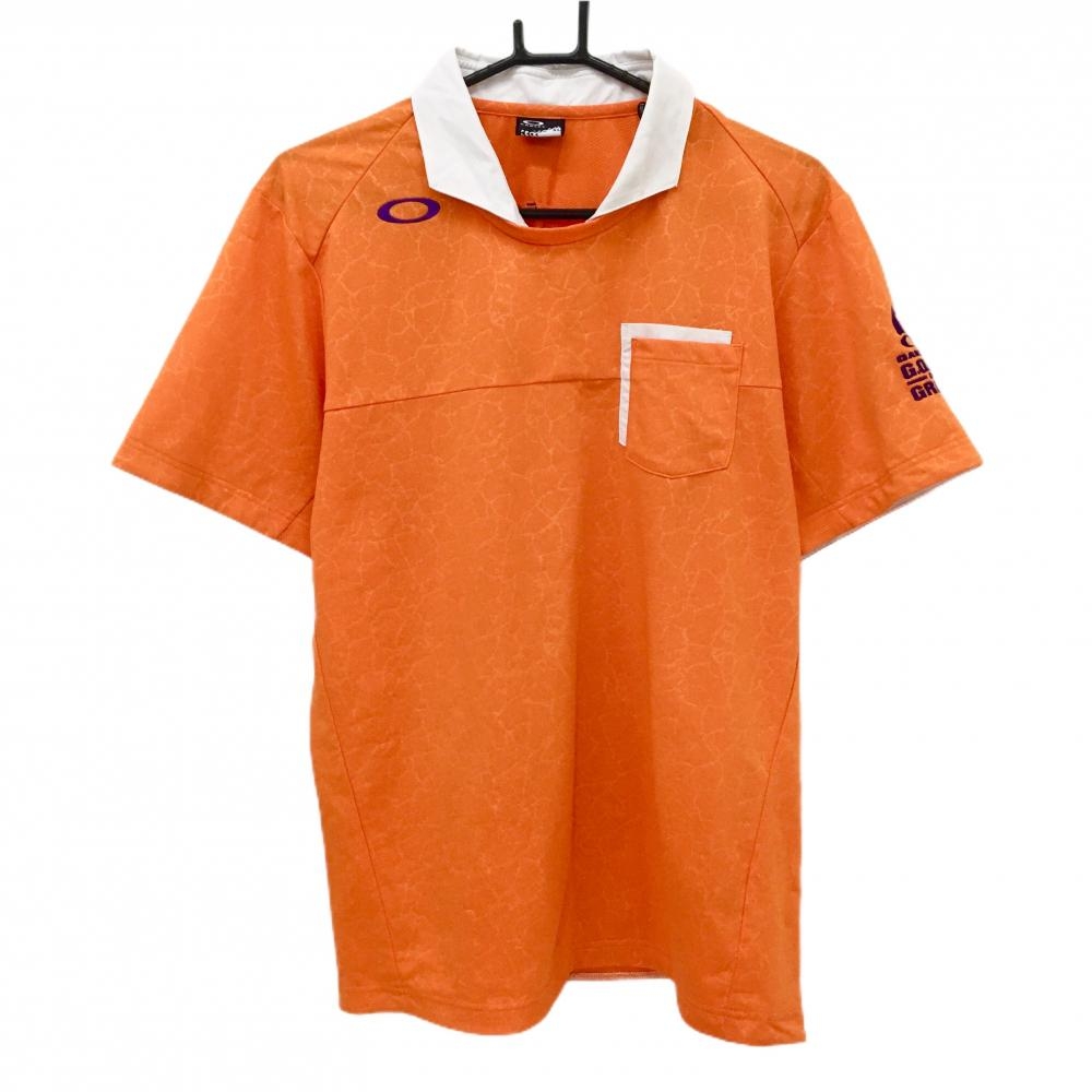 オークリー 襟付半袖シャツ オレンジ系 総柄 胸ポケット メンズ XL ゴルフウェア Oakley