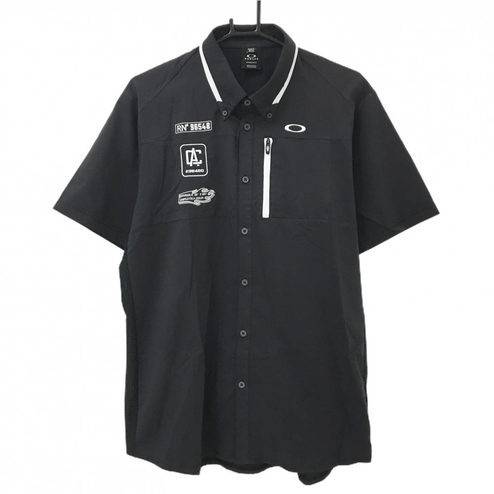 オークリー 半袖シャツ 黒×白 サイドメッシュ ボタンダウン ロゴ刺しゅう メンズ 2XL  ゴルフウェア 大きいサイズ Oakley