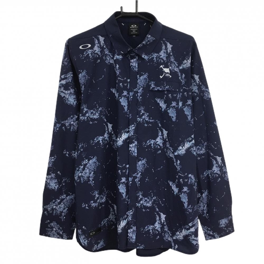 オークリー 長袖シャツ ネイビー×白 前総柄 スナップボタン メンズ XL ゴルフウェア Oakley