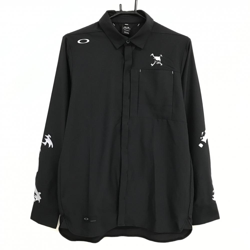【新品】オークリー 長袖シャツ 黒 ピンドット地模様 袖プリント 吸汗速乾 肌面ドライ UVケア  メンズ M ゴルフウェア Oakley