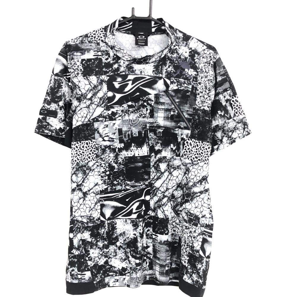 【超美品】オークリー 半袖ハイネックシャツ 黒×白 総柄 一部レオパード メッシュ調  メンズ XL ゴルフウェア 2023年モデル Oakley