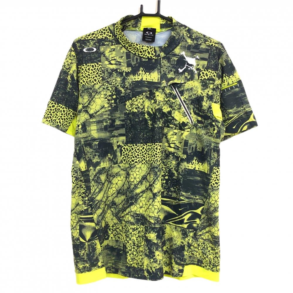【超美品】オークリー 半袖ハイネックシャツ イエロー×黒 総柄 一部レオパード メッシュ調  メンズ XL ゴルフウェア 2023年モデル Oakley