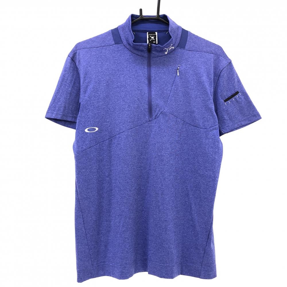 【超美品】オークリー 半袖ハイネックシャツ ブルーパープル系 一部メッシュ 切替素材 ティー装着可 メンズ M ゴルフウェア Oakley 画像