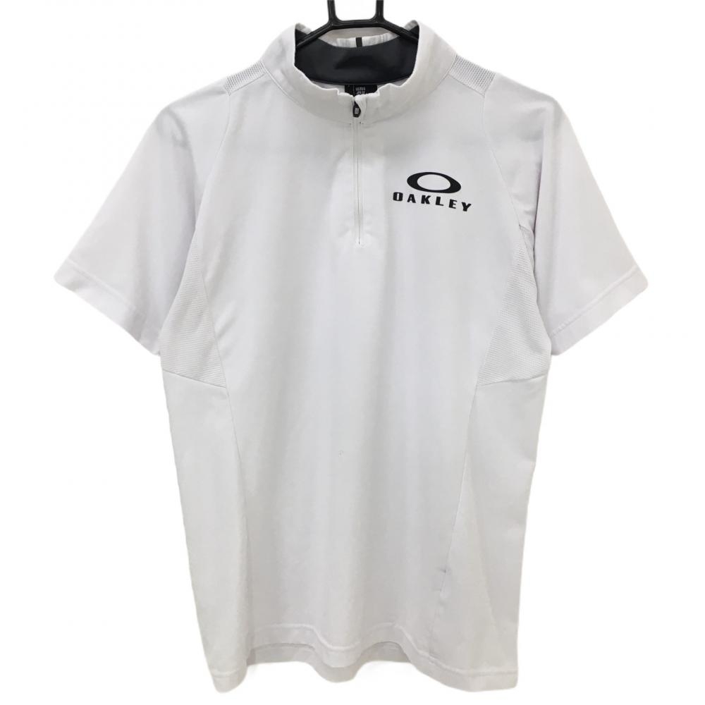オークリー 半袖ハイネックシャツ 白×黒 ロゴプリント ハーフジップ 一部メッシュ メンズ M ゴルフウェア Oakley 画像