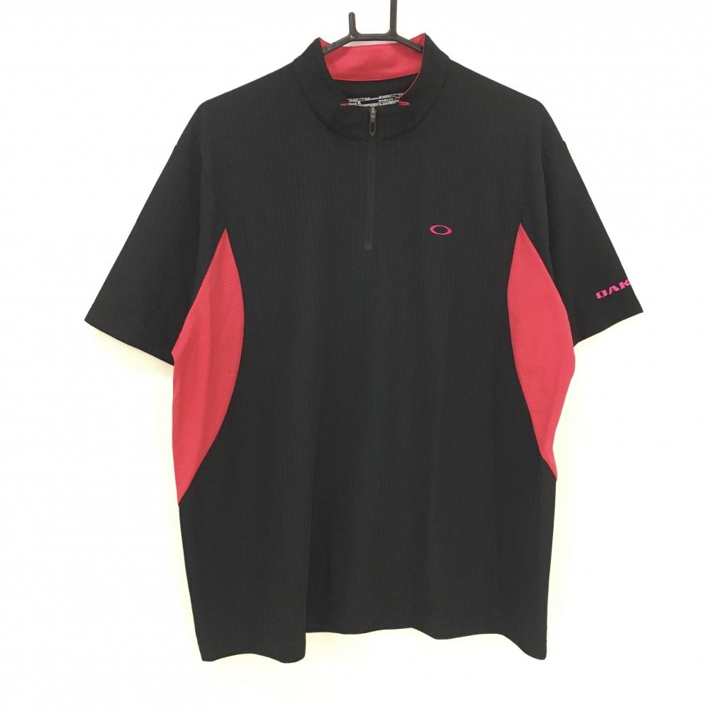 【超美品】オークリー 半袖ハイネックシャツ 黒×ピンク ストライプ織生地 一部メッシュ ハーフジップ メンズ XL ゴルフウェア Oakley 画像