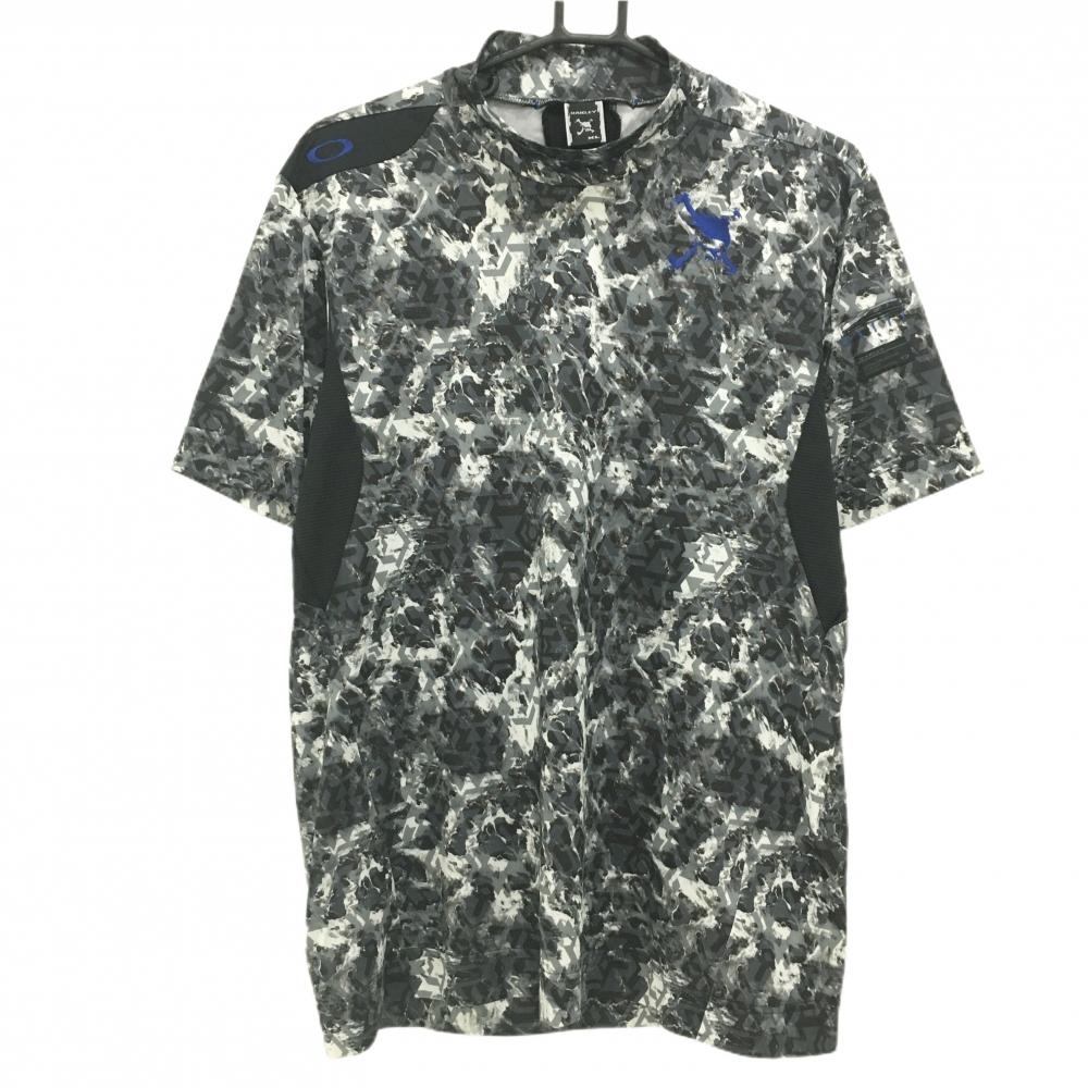 【超美品】オークリー 半袖ハイネックシャツ 黒×グレー 総柄 袖下織生地 スカル刺しゅう ティー装着可  メンズ XL ゴルフウェア Oakley