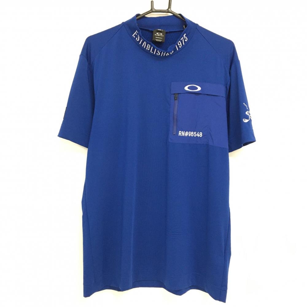 オークリー 半袖ハイネックシャツ ブルー×グレー 胸ポケット 襟刺しゅう メンズ XL ゴルフウェア Oakley
