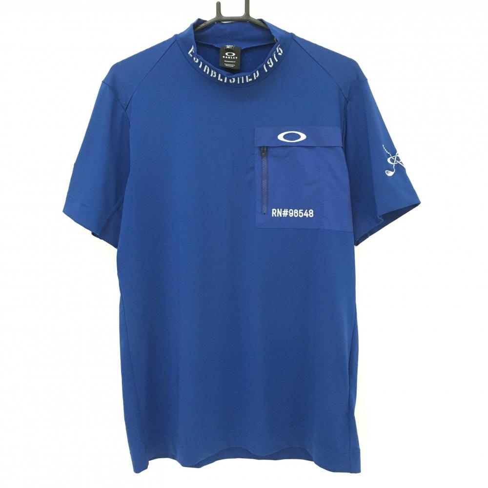【美品】オークリー 半袖ハイネックシャツ ブルー 吸汗速乾 接触冷感 UVケア ストレッチ  メンズ L ゴルフウェア 2023年モデル Oakley