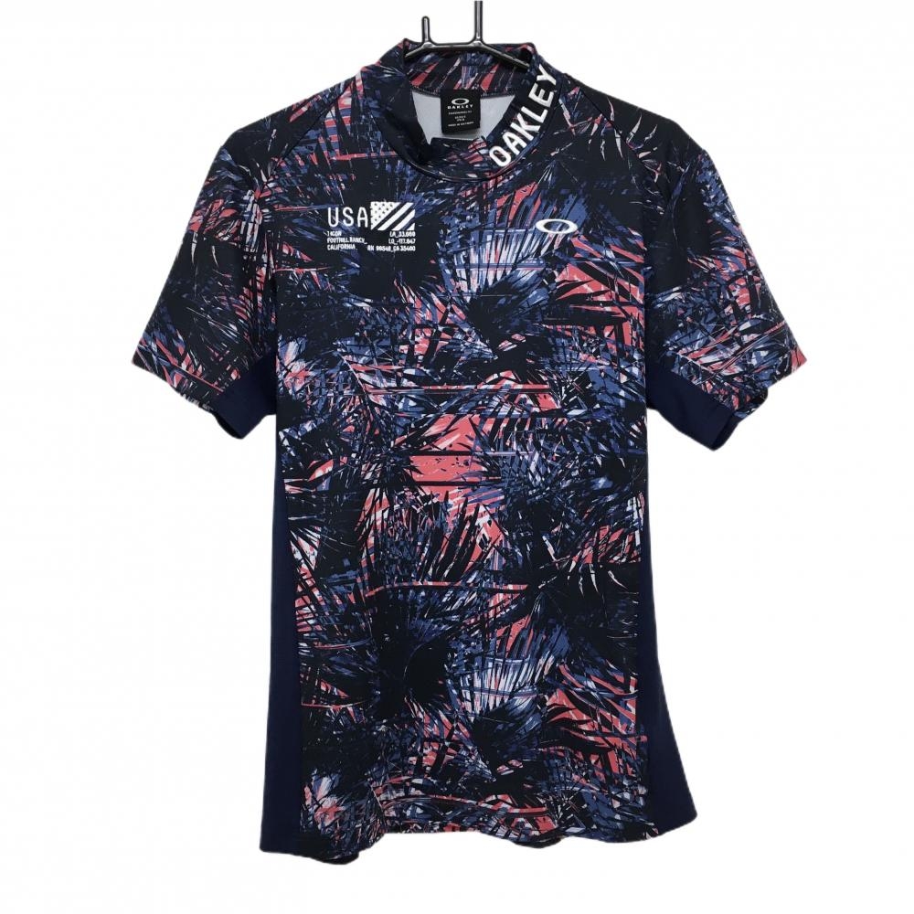 【超美品】オークリー 半袖ハイネックシャツ ネイビー×レッド 総柄 ネックロゴ刺しゅう メンズ M ゴルフウェア 2023年モデル Oakley