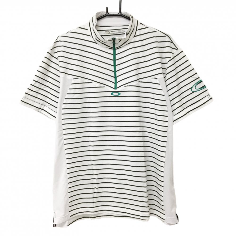 【美品】オークリー 半袖ハイネックシャツ 白×黒 ボーダー ハーフジップ サイド切替  メンズ XL ゴルフウェア Oakley