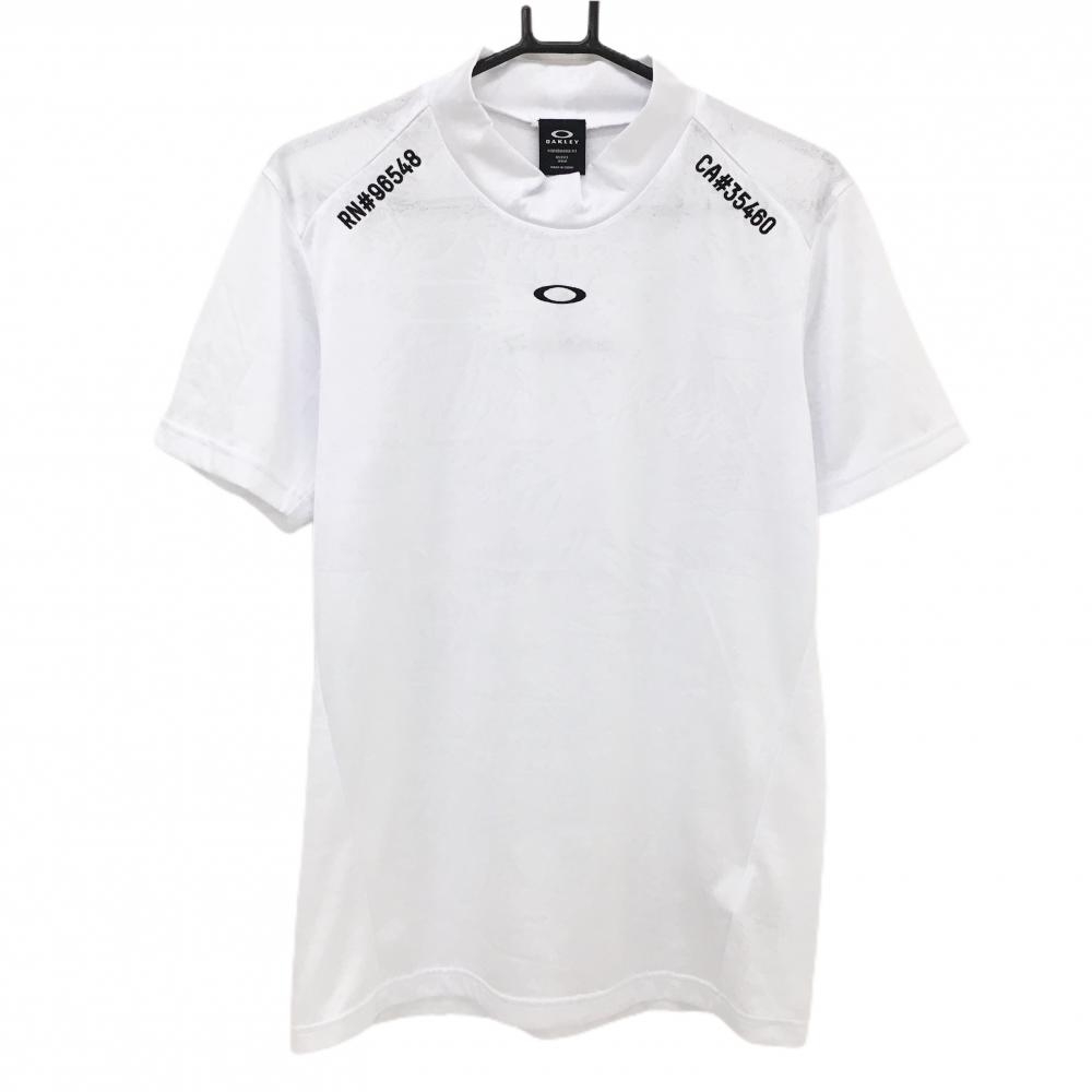 【超美品】オークリー 半袖ハイネックシャツ 白 総柄地模様 ロゴ刺しゅう黒 メンズ M ゴルフウェア 2024年モデル Oakley