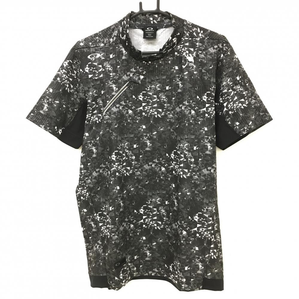 【超美品】オークリー 半袖ハイネックシャツ 黒×白 総柄 凹凸生地 ティー装着可  メンズ XL ゴルフウェア 2024年モデル Oakley