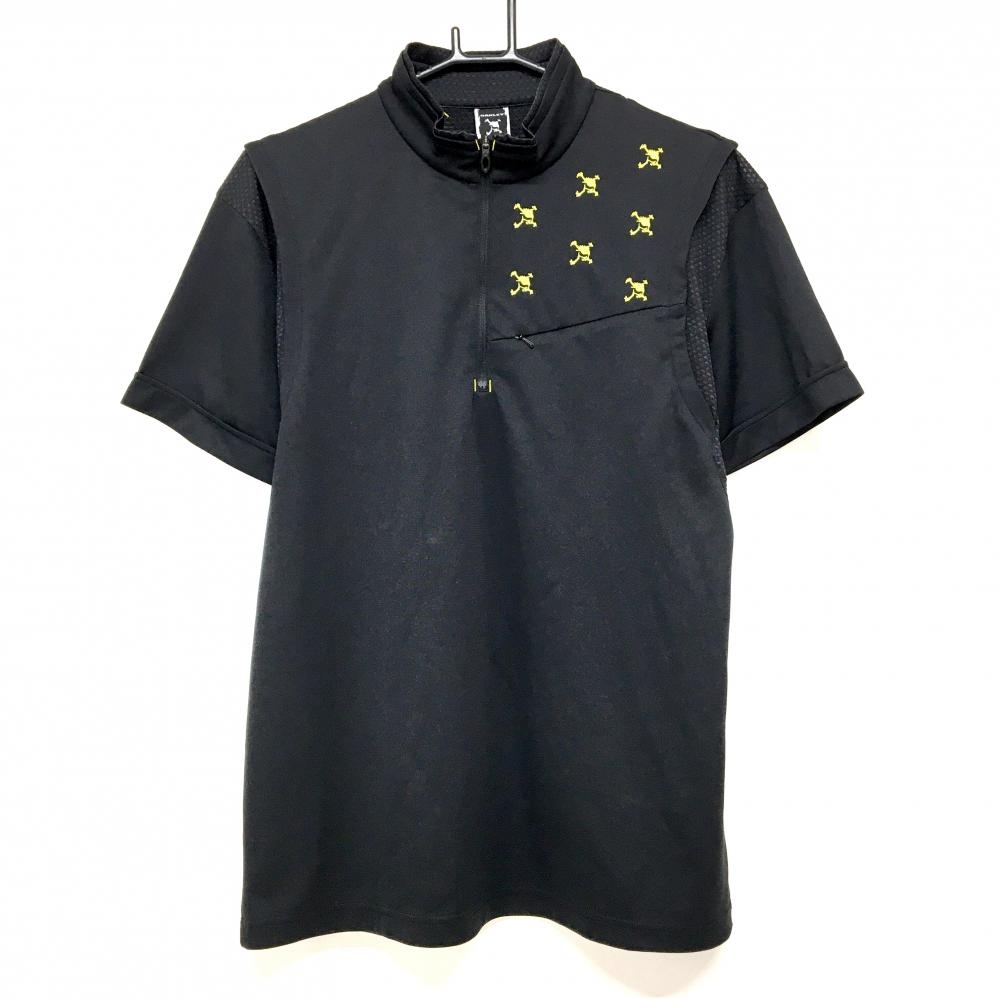 【超美品】オークリー 半袖ハイネックシャツ 黒×イエロー ハーフジップ ロゴ刺しゅう 一部メッシュ調 メンズ L ゴルフウェア Oakley