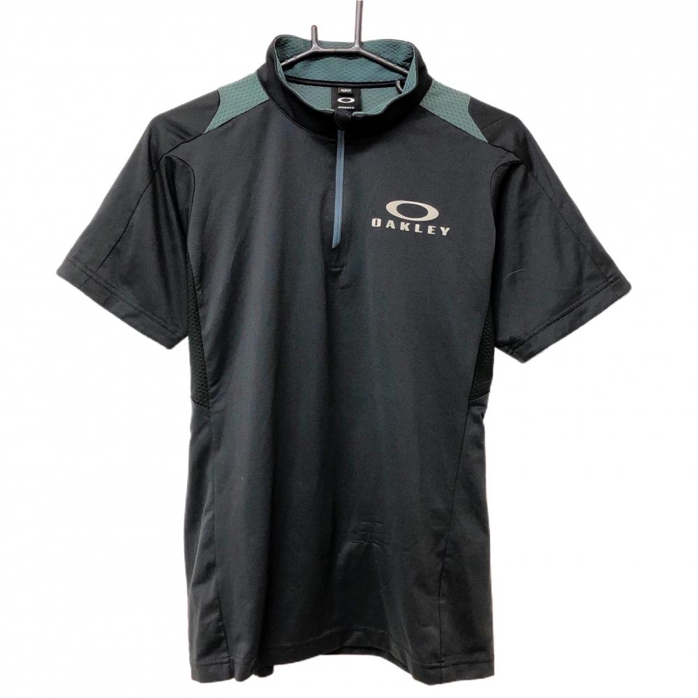オークリー 半袖ハイネックシャツ 黒×グレー ハーフジップ 一部メッシュ切替 メンズ L ゴルフウェア Oakley