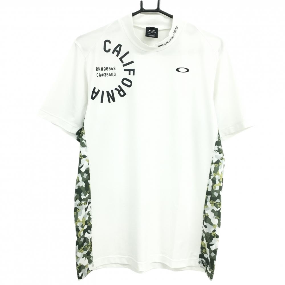 【超美品】オークリー 半袖ハイネックシャツ 白×カーキ 袖下・サイド総柄 ロゴ刺しゅう メンズ L ゴルフウェア Oakley