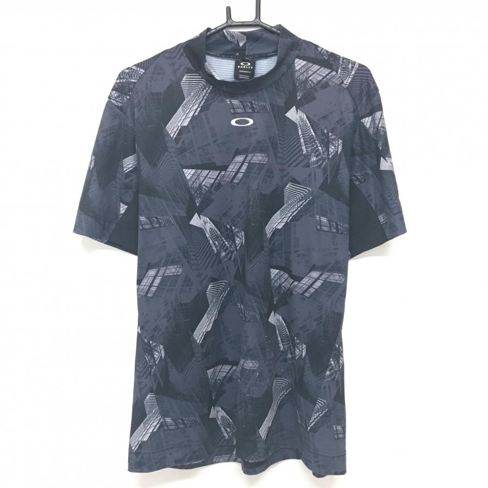 オークリー 半袖ハイネックシャツ ダークグレー×黒 総柄 ロゴ刺しゅう メンズ XL ゴルフウェア Oakley