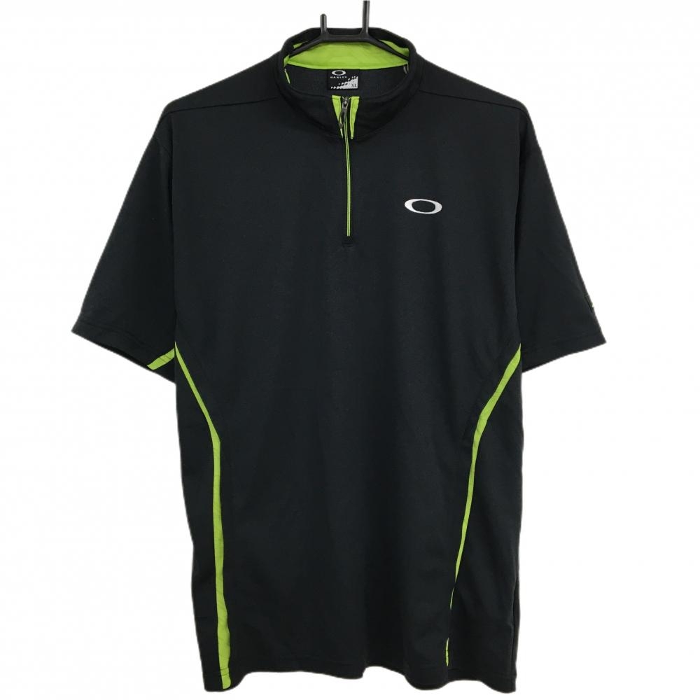 オークリー 半袖ハイネックシャツ 黒×ライトグリーン ロゴ刺しゅう ハーフジップ メンズ XL ゴルフウェア Oakley