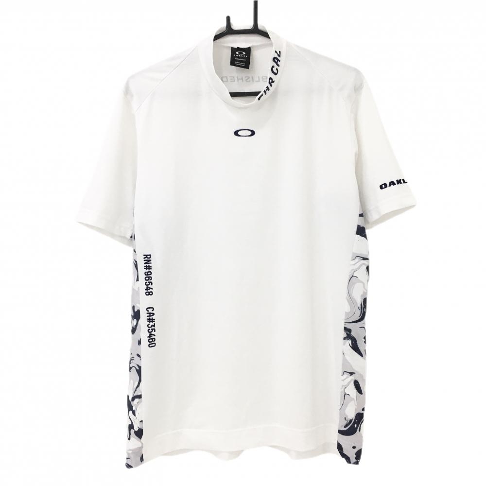 【超美品】オークリー 半袖ハイネックシャツ 白×ネイビー サイド総柄 ロゴ刺しゅう メンズ XL ゴルフウェア Oakley