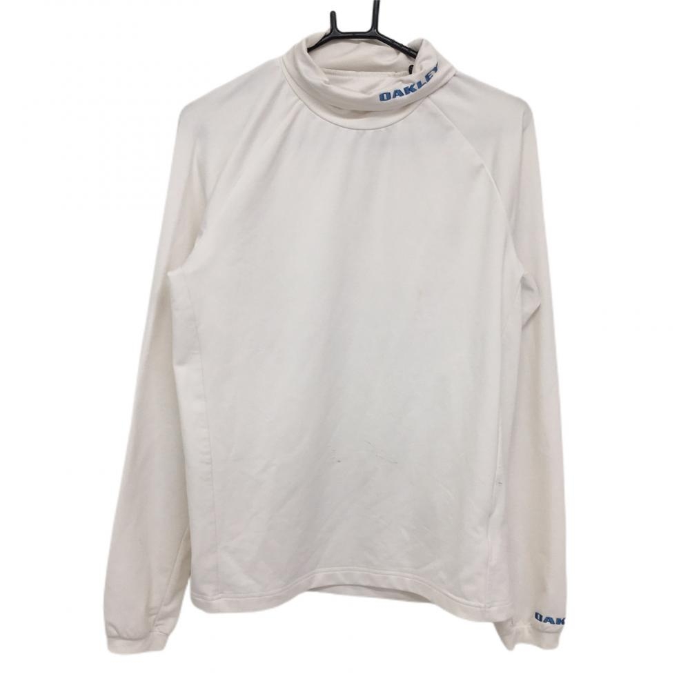 オークリー 長袖ハイネックシャツ 白×ブルー ネックロゴ刺しゅう インナーシャツ メンズ M ゴルフウェア Oakley