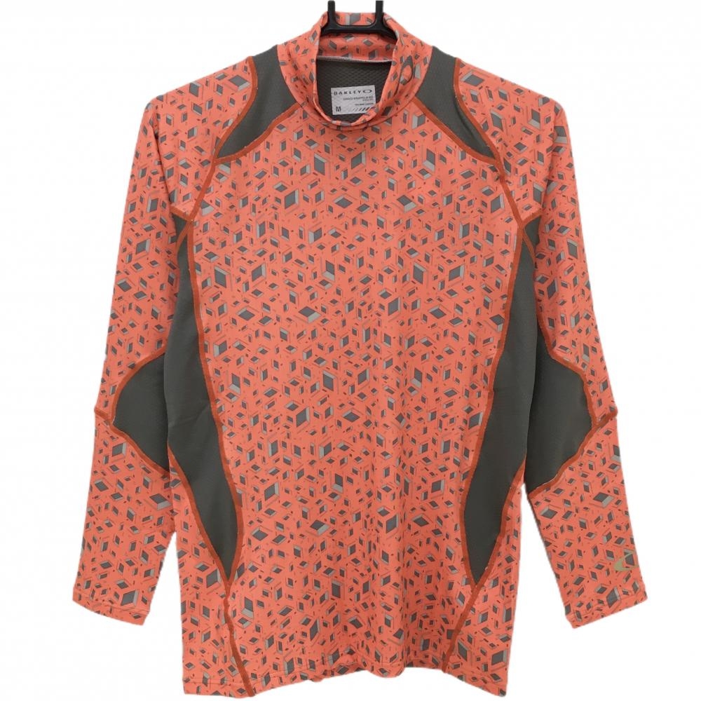 【新品】オークリー 長袖ハイネックシャツ オレンジ×グレー ストレッチ インナー 一部メッシュ メンズ M ゴルフウェア Oakley