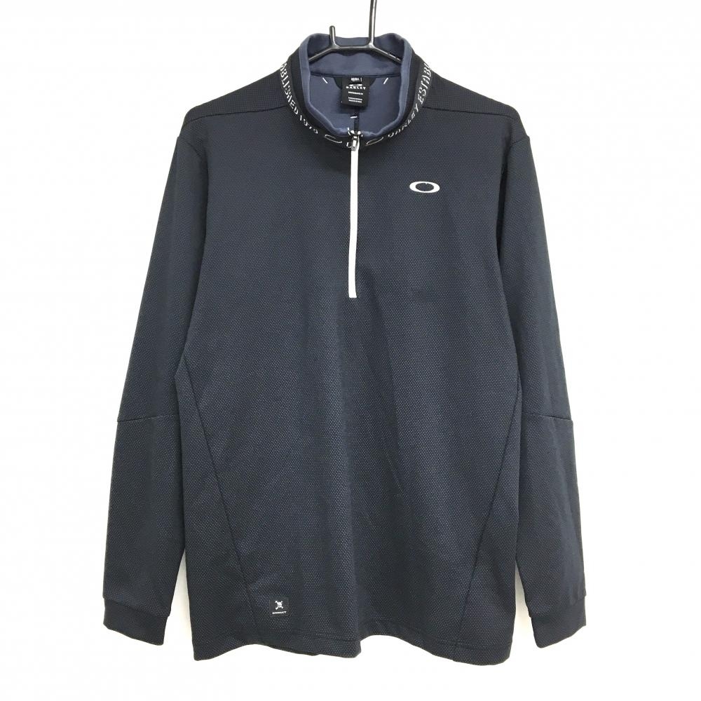 【超美品】オークリー 長袖ハイネックシャツ 黒×白 織生地 ネックロゴ ハーフジップ メンズ XL ゴルフウェア Oakley