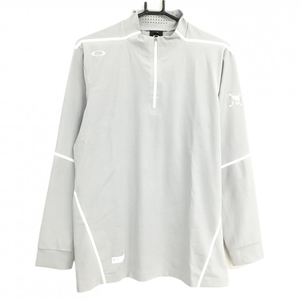 【超美品】オークリー 長袖ハイネックシャツ ライトグレー×白 ハーフジップ メンズ L ゴルフウェア Oakley