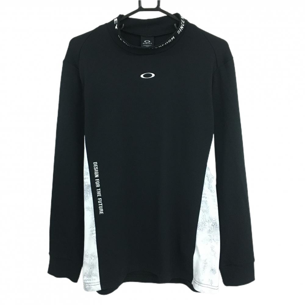 【超美品】オークリー 長袖ハイネックシャツ 黒×白 サイドペイズリー柄 織生地 ロゴ刺しゅう メンズ L ゴルフウェア Oakley