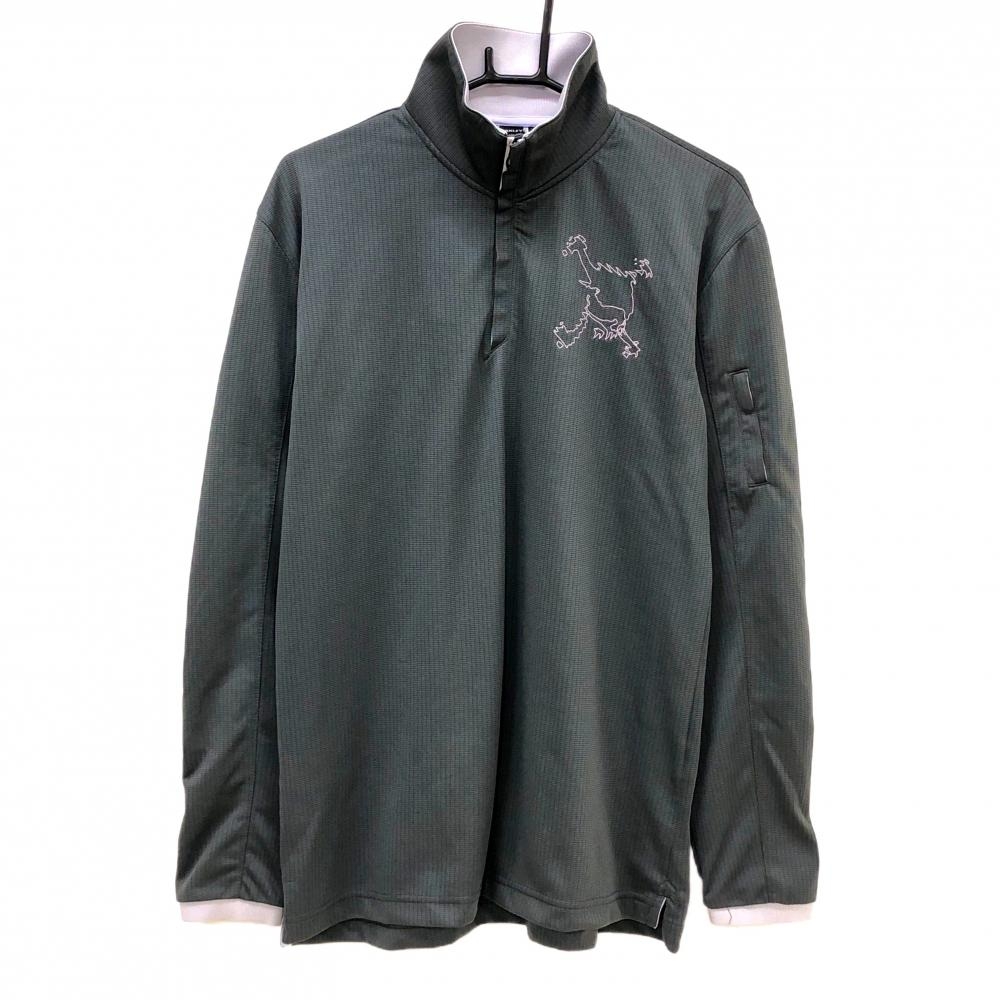 【美品】オークリー 長袖ハイネックシャツ グレー×ライトピンク 地模様 ロゴ刺しゅう ハーフジップ  メンズ XL ゴルフウェア Oakley