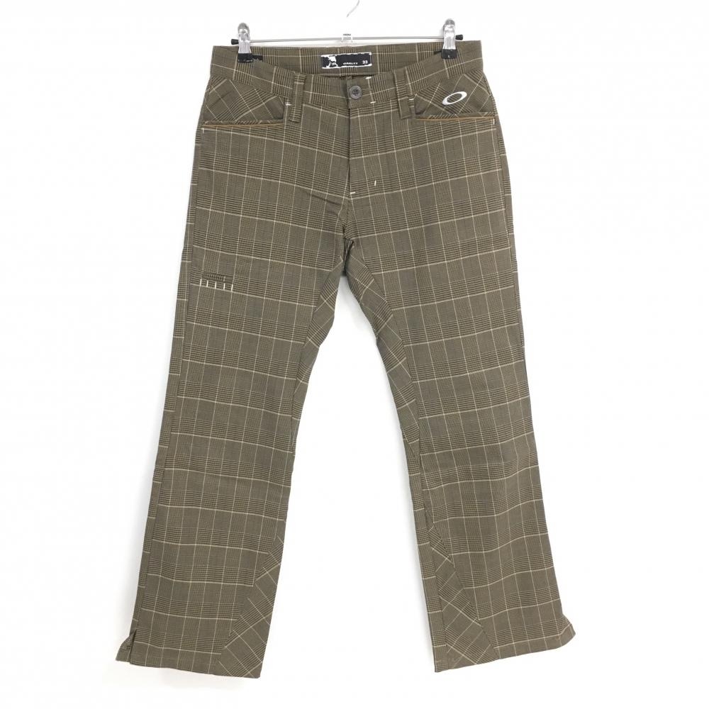 【美品】オークリー パンツ ブラウン×黒 チェック柄 ロゴ白 メンズ 33 ゴルフウェア Oakley